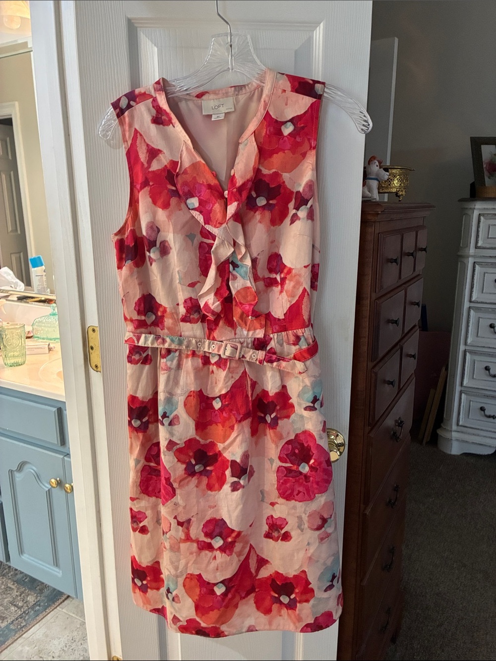 LOFT Pink Red Poppy Floral Sleeveless Ruffle Front Belted Dress SZ 8P